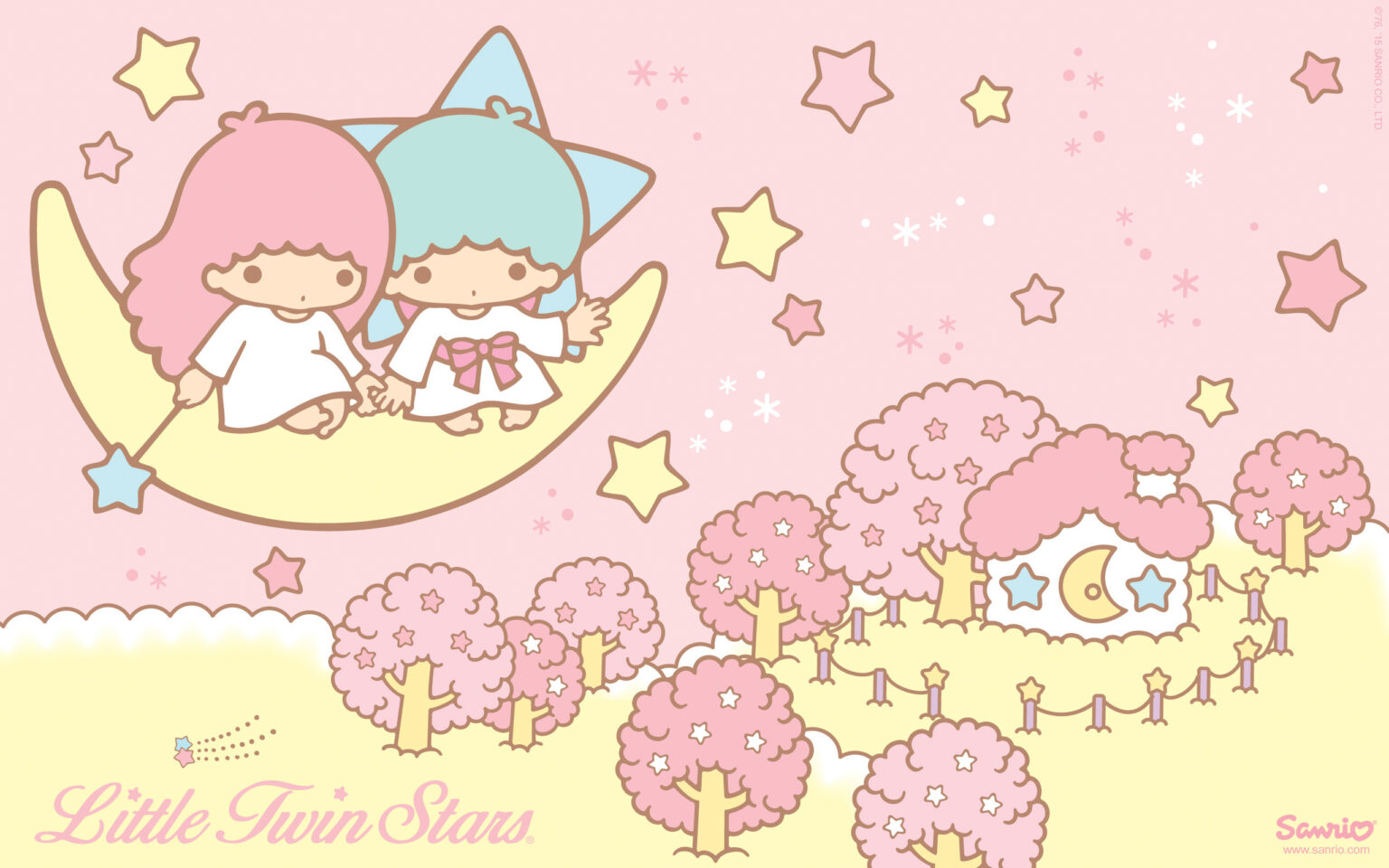 Little Twin Stars Pink Blossom Trees Wallpaper