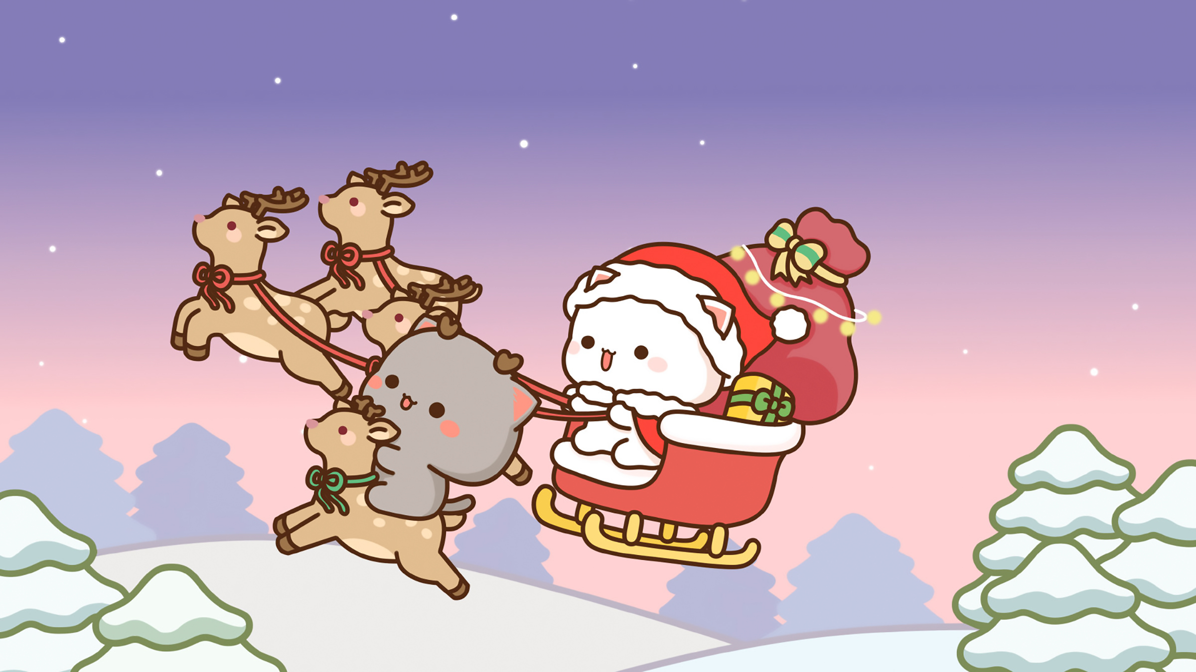 Peach & Goma Christmas Reindeer Sleigh Ride Wallpaper - Kawaii Hoshi