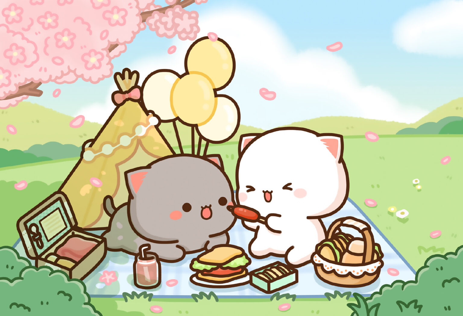 Peach & Goma Cute Spring Picnic Wallpaper - Kawaii Hoshi