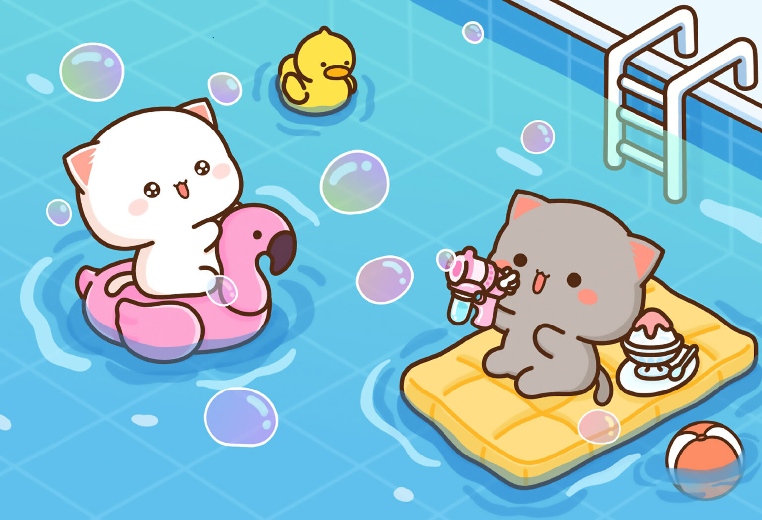 Peach & Goma Swimming Pool Fun Desktop Wallpaper - Kawaii Hoshi